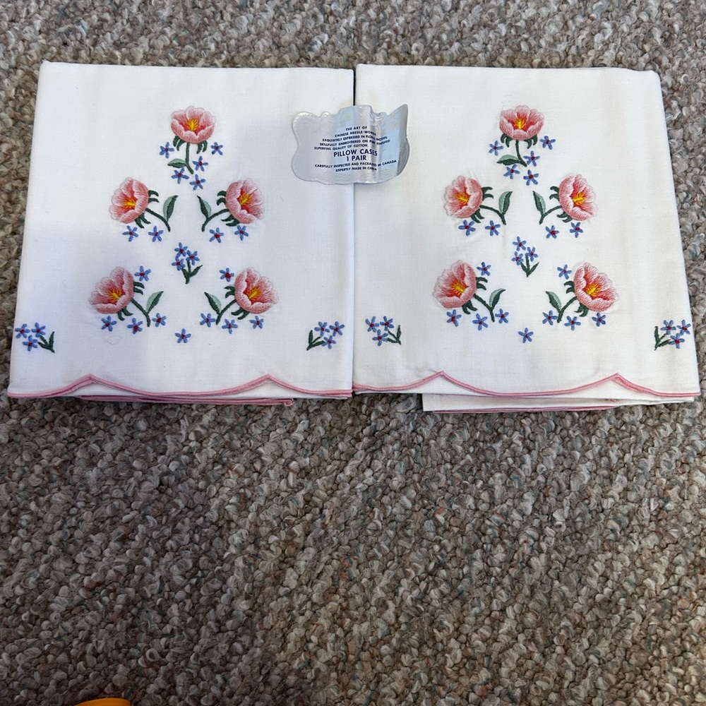 Embroidered Floral Pillowcases - White with Pink Flower Accents